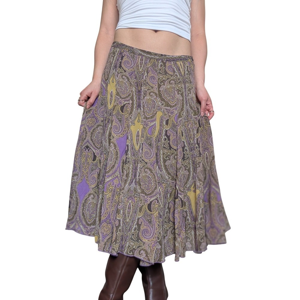 Vintage 90s Whimsigoth Fairy Green & Purple Flowing Paisley Midi Silk Skirt